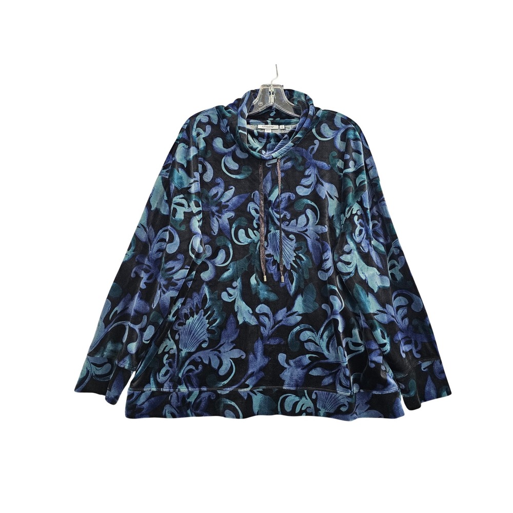 Chicos Zenergy Pullover Top Womens XL Size 3 Blue Damask Velvet Cowl Neck Hoodie